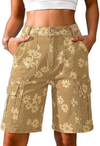 Eddoyee Bermuda Cargo Jorts for Women Denim Jean Shorts Casual Long Knee Length High Waisted Stretch Wide Leg Relaxed Fit(Khaki Daisy Floral, Small)