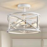 WUZUPS Chandelier 3-Light Vintage Farmhouse Industrial Semi-Flush Mount Ceiling Light Lighting Fixture for Foyer Bedroom Hallway Storage Room Kitchen Bathroom, H 30 x W 24, E27 Base, Antique White