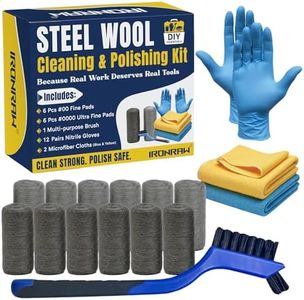 Ironraw Steel Wool Cleaning & Polishing Kit, 6Pcs 00 & 6Pcs 0000 Steel Wool Pads with Brush, 2 Microfiber Cloths & 12 Pairs Nitrile Gloves, 0000 Steelwool for Wood, Metal, Cookware, Grill & Tools