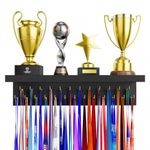 DSVENROLY Medal Holder Display Trophy Shelf Organizer,Sturdy Wooden Medal Trophy Hanger Rack with 25 Steel Hooks, Wall Mount Medal Hanger for Race Medals Trophies(1Pc, Retro Grey)