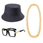 Feacole 80s/90s Hip Hop Costume Kit- Cotton Bucket Hat,Big Chunky Miami Cuban Chain Necklace,80's Gazelle Vintage Glasses (S/M) Black