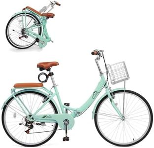 CamPingSurvivals 24/26 Inch Foldable Bike Folding Bicycle, 7 Speed Beach Cruiser Bike with Lock, Comfort Back Seat, Foldable Basket & Ergonomic Upright Frame, Cruiser Bicycle for Adults(26" Green)