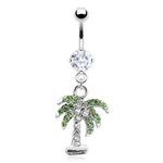 Pierced Owl 14GA Stainless Steel CZ Crystal Gemmed Palm Tree Dangling Belly Button Ring, Metal, cubic-zirconia,