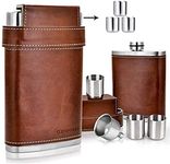 GENNISSY 304 18/8 Stainless Steel 8oz Flask - Brown Leather with 3 Cups and Funnel 100% Leak Proof