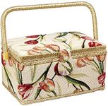 Sewing Basket with Tulip Floral Print Design- Sewing Kit Storage Box with Removable Tray, Built-in Pin Cushion and Interior Pocket - Medium - 11" x 7" x 5.5" - by Adolfo Design