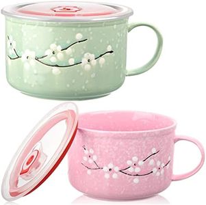 SEEWEY 2 Pcs Floral Ceramic Bowl with Lid and Handle 30 oz Soup Bowls Heat Preservation Instant Noodles Mug Soup Cup Microwavable Bowls for Ramen Noodle Cereal Travel