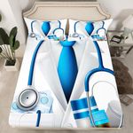 Doctor Gift Fitted Sheet Twin Size Kids Gifts Idea for Dentists Doctors Bedding Set for Boys Teens Nurse Gift Bed Sheet Set White Blue Bed Cover Room Decor