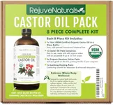 RejuveNaturals Castor Oil Pack - 8 Piece Complete Kit. Includes 16oz Glass Bottle of Organic Castor Oil, Easy to use Castor Oil Compress with Adjustable Fit, 5 Soft Cotton Pads & Soothing Heat Pack..