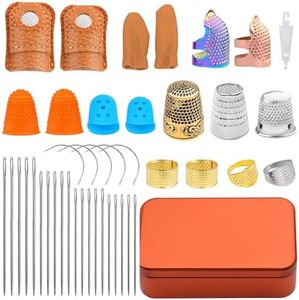 Mnuizu Sewing Thimble Set with Storage Box - Includes Sewing Big Eye Needle, Finger Protector & Adjustable Finger Guard - Quality Metal Copper Thimble - Ideal Sewing Tools for DIY Projects