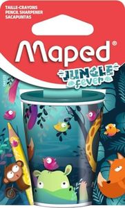 Maped – Taille-crayon canette en métal – Deux trous de différents diamètres – Grande capacité de réserve – Décor Jungle fever – Emballage carton recyclable