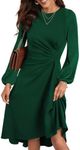 Happy Sailed Midi Dresses for Women Date Night Long Sleeve Empire Ruched Waisted Slim Fit Irregular Hem Flared A-Line High Low Cocktail Party Dress Fashion 2024 Blackish Green Large