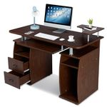 COSTWAY Wooden Computer Desk, Home Office PC Laptop Table Writing Workstation with 3 Drawers, Printer Shelf and Sliding Keyboard Tray, Modern Working Gaming Study Desk (Walnut)