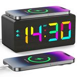 URAYCO Wooden Digital Alarm Clock with Fast Wireless Charger, Dual USB Charging Ports, DST, Dimmable, Snooze, RGB Large Number Display LED Clock for Bedrooms, Living Room, Desk, Table, Bedside(Black)