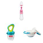 Fisher-Price Squeezy Silicone Food Feeder, Pink, 125ml & Fisher-Price Ultra Care Food Nibbler with Extra Mesh, Blue & Fisher-Price Baby Food Mash and Serve Bowl Set, Blue