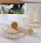 R.R.LALA Macrame Coasters,Tea Coaster, Macrame Coasters, Coffee & Tea,Round Cup Coaster Boho Coaster 4" Inches, 4 Pcs Set Circle Coaster With Frills, Housewarming Gift, Beige Color Cotton Coasters