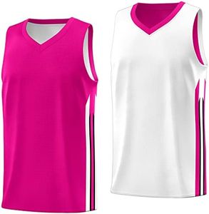 KXK Men's Blank Reversible Basketball Jersey Team Uniform Athletic Hip Hop Basketball Shirts S-4XL, Pink/White, Medium
