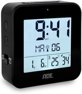 ADE Sveglia radio controllata digitale con batteria | 2 orari di sveglia | termometro e igrometro | sveglia da viaggio | orologio radiocontrollato | funzione snooze | nero