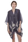 BYOS Womens Soft Lightweight Stylish Boho Printed Kimono Cardigan Seasonal Transitional Outwear Beach Pool Cover-up W/Fringes, Open Front Mid-Length, Many Styles (Navy Embroidered Victoria Floral)