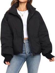 Gihuo Women’s Winter Warm Long Sleeve Zip Front Short Baggy Puffer Jacket with Pockets(Black-M)