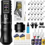 HAWINK Tattoo Kit Tattoo Gun Wireless Tattoo Machine Normal/Stippling Mode 7 Adjustable Stroke 1800mAh Power with RCA Section 20pcs Tattoo Cartridges Needles 7 Colors Ink forTattoo Artists HWE86KIT-1