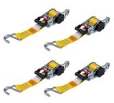 Mytee Products 4 Pack 2" x 10' Retractable Ratchet Straps with Double J-Hook - 3,300 lbs Breaking Strength - Yellow Auto Retract Ratchet Tie Down Strap for Motorcycles, ATVs, Bikes, Boat Trailer