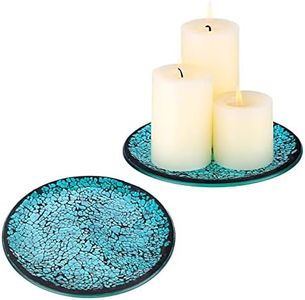 OwnMy 2PCS Mosaic Glass Candle Plates 6 Inch Pillar Candle Holders Plates, Glass Round Candle Plates and Trays Glass Mosaic Candle Coasters Decorative Glass Pillar Candle Stands Candle Bases, Blue