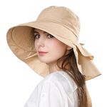 Venzina® Sun Hats for Women Girls Fashion Wide Brim Hat Sun UV Protection Summer Hats with Ponytail Hole Back Neck Flap Cover Cap Beach Hat for Women - Beige