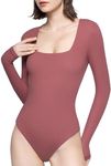 PUMIEY Bodysuits for Women Long Sleeve T Shirt Tops Slim Fit Sexy Square Neck Body Suits, Marsala Small