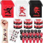 65 Pcs Ninja Party Favors Bags Ninja Silicone Wristbands Bracelet Ninja Temporary Tattoos Stickers Ninjas Stampers Drawstring Bags for Warrior Ninja Birthday Party Supplies Ninja Party Decorations