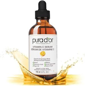 PURA D'OR Vitamin C Serum 4 Oz (118 ml) Lightweight Maximum Strength Formula, Hyaluronic Acid, Retinol, for Face & Eyes, For Men & Women