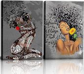 Framed Black Girl Wall Art African Black Women Wall Art Sunflower Girl Canvas Poster For Living Room Bedroom Bathroom Decoration Ready To Hang-(12'x16'x2 Framed)