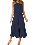 ROYLAMP Women's Summer 2 Piece Outfits Round neck Crop Basic Top Cropped Wide Leg pants Set Jumpsuits Navy Blue L