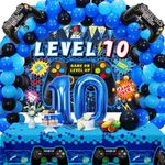 Vlipoeasn 90PCS 10th Birthday Video Game Party Decorations for Boys Set Blue 10th Birthday Supplies-10th Video Game Backdrop, Balloons, Tablecloth, Gamer and 10 Foil Balloons for 10th Birthday Party