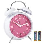 Loud Alarm Clock for Heavy Sleepers 3D Dial Battery Operated (Battery Include), 4" Alarm Clocks for Bedrooms, Classic Silent Non-Ticking Quartz Twin Bell Alarm Clock for Kids PT505 White Pink