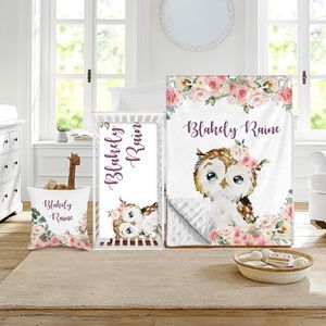 Duckbe Custom Crib Bedding Set - Owl Design Personalized Name Baby Nursery Bed 3 Pcs Set - Chic Soft Blanket with Dotted Backing, Sheet, Pillowcase for Newborn Girls Boys Gifts Color22