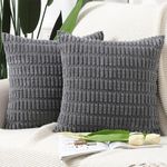 MADIZZ Pack of 2 Boho Striped Corduroy Throw Pillow Covers 12x12 Inch Dark Grey Soft Decorative Cushion Cover for Sofa Bedroom Pillow Shell