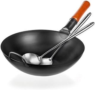 YOSUKATA 14" Carbon Steel Wok Pan Set - Pre-Seasoned, 17" Wok Spatula & Ladle - Heat-Resistant, Dishwasher Safe