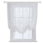 HomeyHo Sheer Tie Up Curtains for Kitchen White Ribbon Tieup Window Curtain Floral Embroidered Balloon Curtain for Bathroom Bedroom Living Room Decorative Roman Curtain Tie Up 46 x 63 Inch