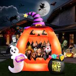 TechKen Halloween Inflatables 6FT Pumpkin Photo Frame with White Ghost and Candy Blow Up Inflatables Build-in LEDs Holiday Blow Up Yard Decorations for Halloween Outdoor/Indoor, Lawn Decor