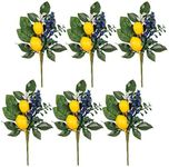 Valery Madelyn 6 Packs Spring Summer Picks with Lemons Blueberry Eucalyptus Leaves, Artificial Fruit Lemon Picks with Greenry, Summer Lemon Branches Decorations for Home Vase Kitchen Table Decor-12''