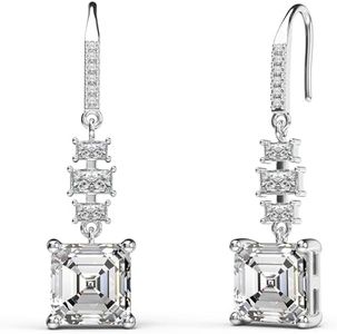 18K White Gold Plated Sterling Silver Asscher Cut Cubic Zirconia Dangle Earrings for Women Square CZ Diamond Drop Dangling Earrings for Women Mom, White Gold Cubic Zirconia, Cubic Zirconia