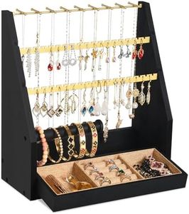 DGWJSU Jewelry Organizer Stand, 5 Layer Earring Holder Organizer with Necklace Holder, Rustic Wood Earring Organizer Display for Stud Earring Bracelet Necklace Ring, Watches (Black Gold)