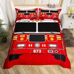 Manfei Fire Truck Duvet Cover Set Single Size, Red Fire Engine Comforter Cover with 1 Pillowcase, Cartoon Vehicle Bedding Set 2pcs for Kids Boys Teens Bedroom Decor, Firemen Car Bedspread Cover