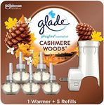 Glade PlugIns Refills Air Freshener Starter Kit, Scented and Essential Oils for Home and Bathroom, Cashmere Woods, 3.35 Fl Oz, 1 Warmer + 5 Refills