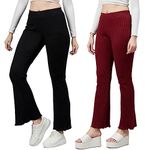 BLINKIN Ribbed Stretchable Flared Pants for Women|Boot Cut Bell Bottom Pants for Women -Ideal for Yoga,Gym Wear, Casual Wear & Office Wear Trousers for Women (Color_Black-Maroon,Size_3XL)