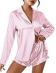 Ekouaer Satin Sleep Set Women's Classic Button Down Sleepwear Silk Long Sleeve Short Pajama Set Pink Striped XL