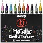 Metallic Liquid Chalk Pens Fine Tip - Dry Erase Marker Pen for Chalkboard Signs, Windows, Blackboard, Glass - 3mm Reversible Tip (10 Pack)