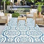 Capslpad Outdoor Camping Rug 150x245cm Waterproof Outdoor Patio Rug Reversible Plastic Straw Rug Portable Floral Picnic Carpet Rug for Porch Backyard Beach Tent RV Travel Terrace Garden BBQ Decor,Blue