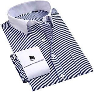 Cloudstyle Men's Dress Shirt Slim Fit Button Down Stripe Checked Shirt, Blue, XX-Large