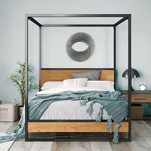 Zinus Suzanne Double Ironline Canopy Metal and Wood Four Poster Bed Frame - Industrial